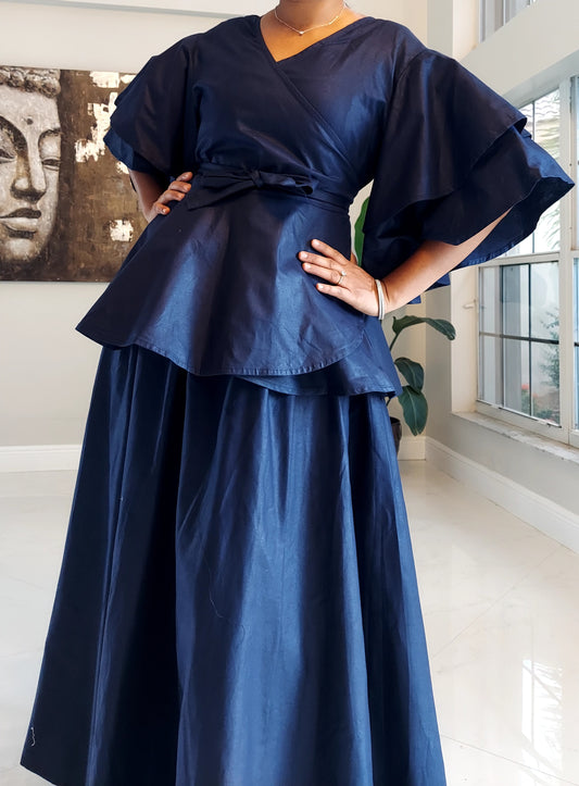 Wrap Blouse & Long Skirt-Solid Navy