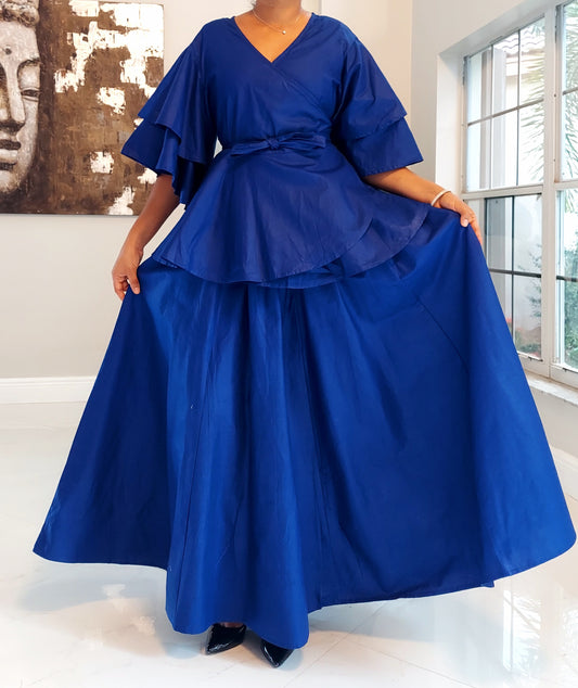 Wrap Blouse & Long Skirt Cotton- Royal Blue