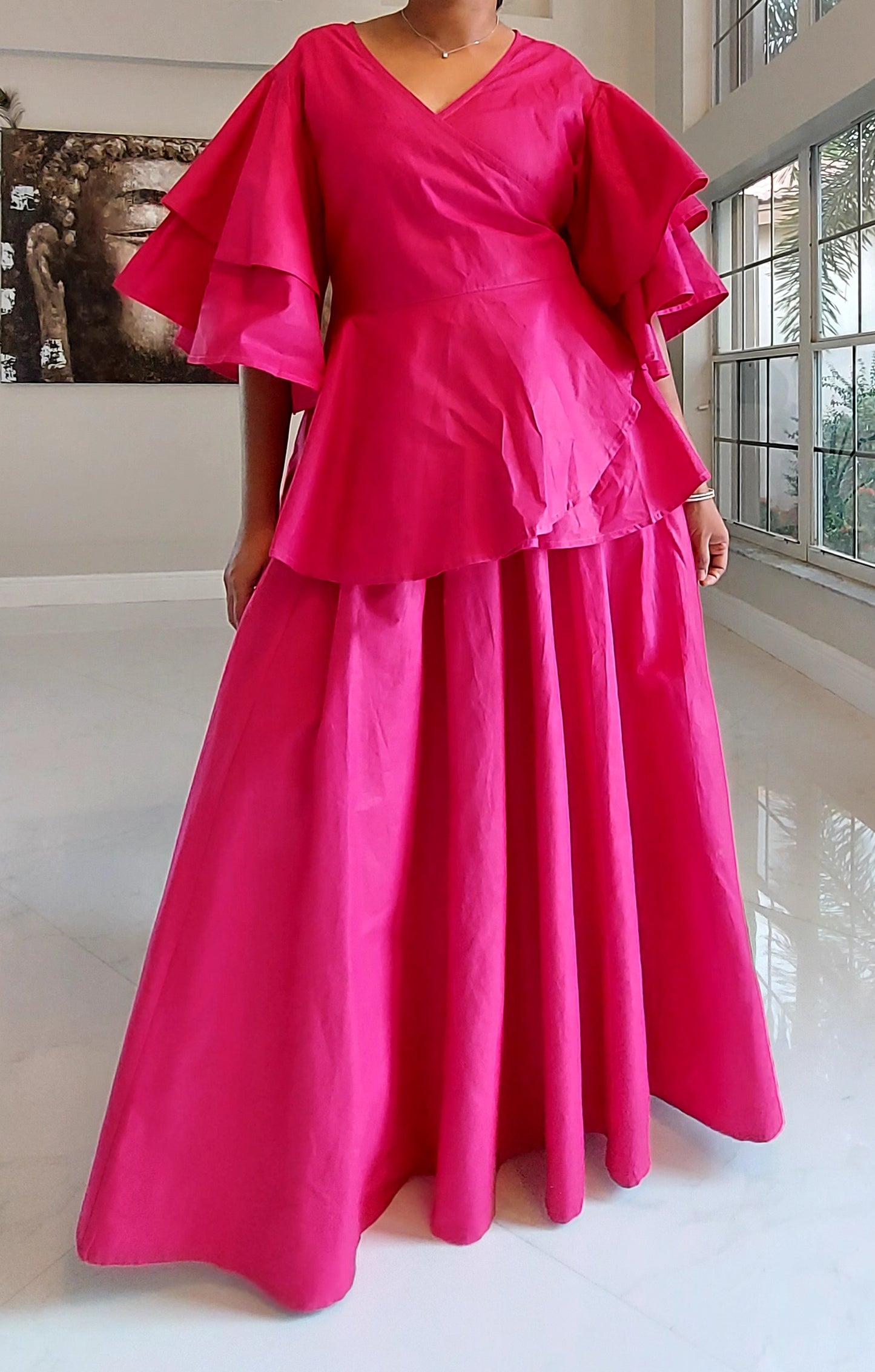 Wrap Blouse & Long Skirt-Solid  Pink