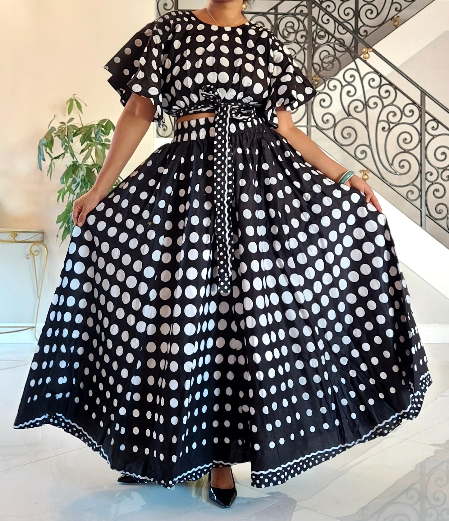 Women Skirt & Crop Top / Polka-Dot/ Black White