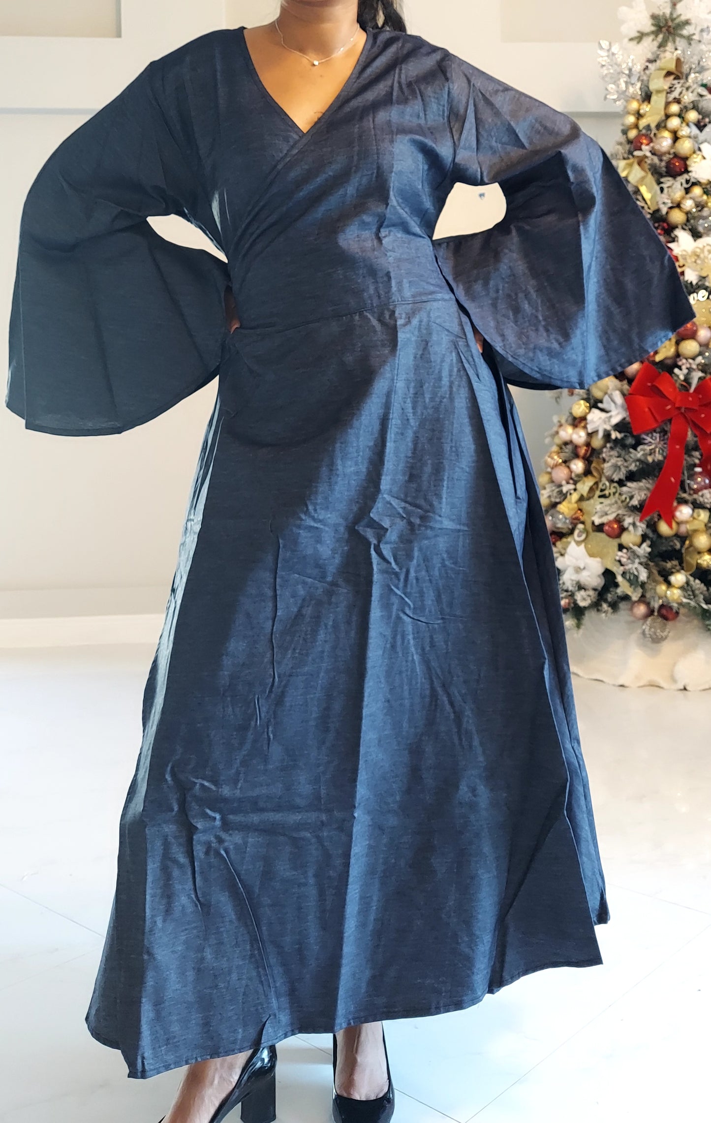 Wrap Denim Dress With Long Bell Sleeves