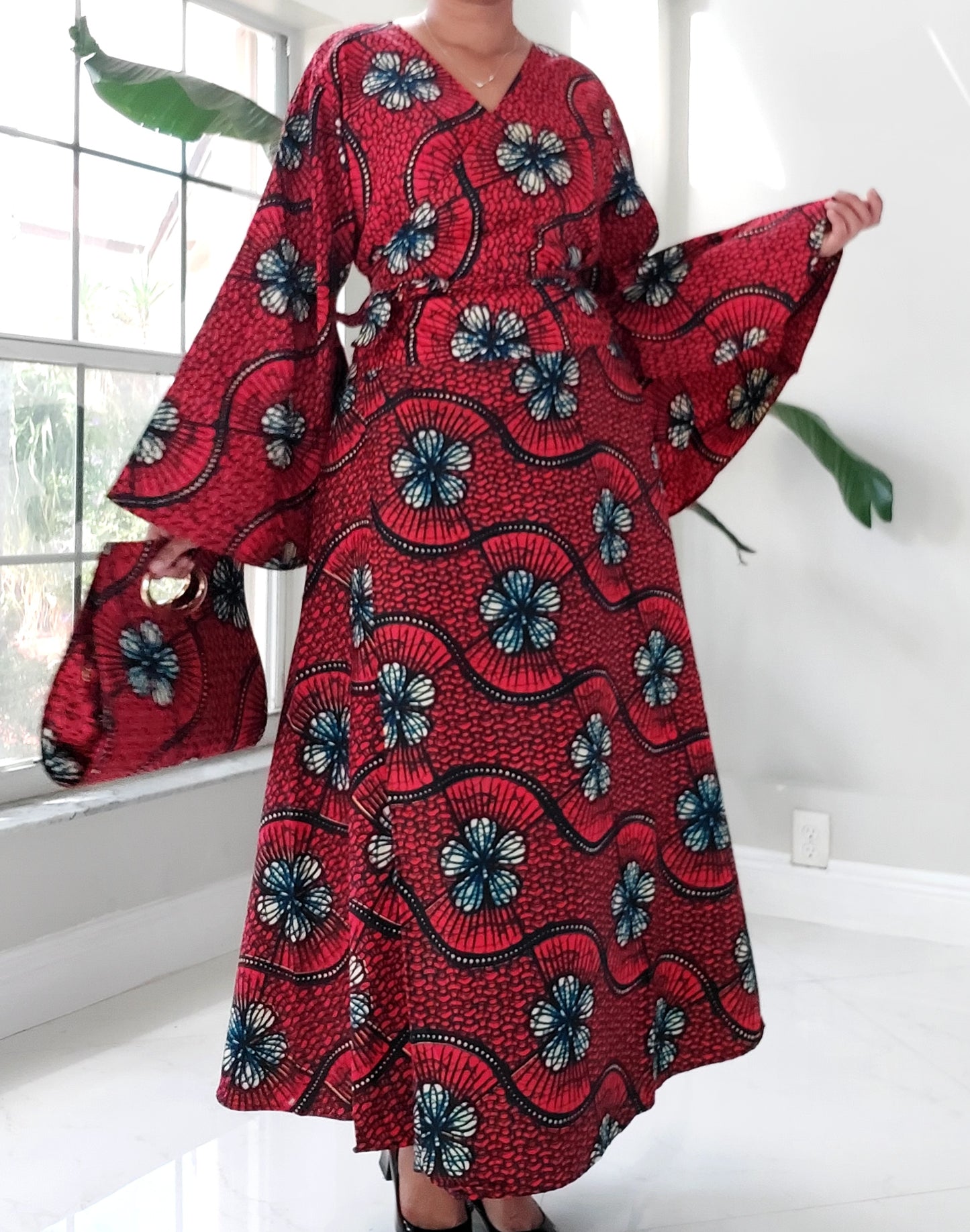 1014 Combo - Long Wrap Dress + Pocketbook Set -Red