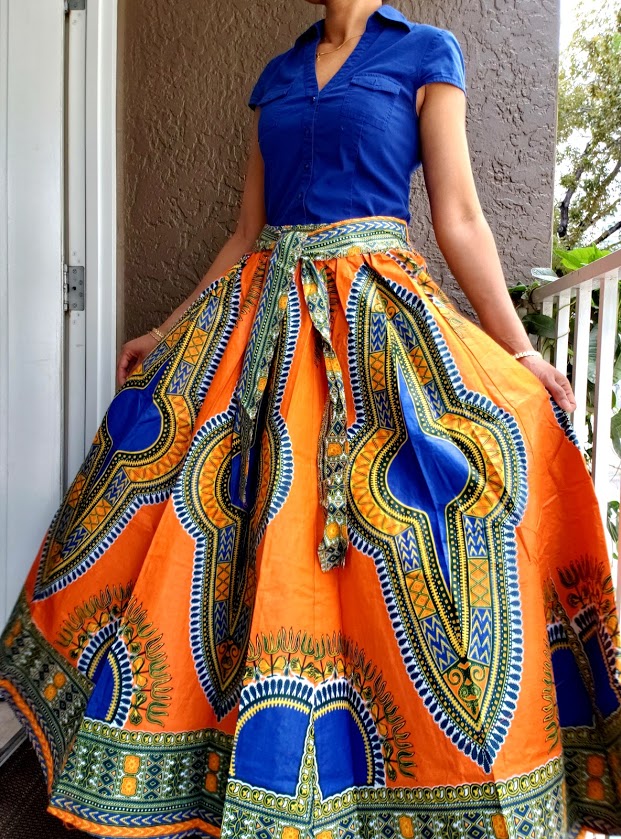 7001 Women Long Maxi Skirt- Orange Dashiki