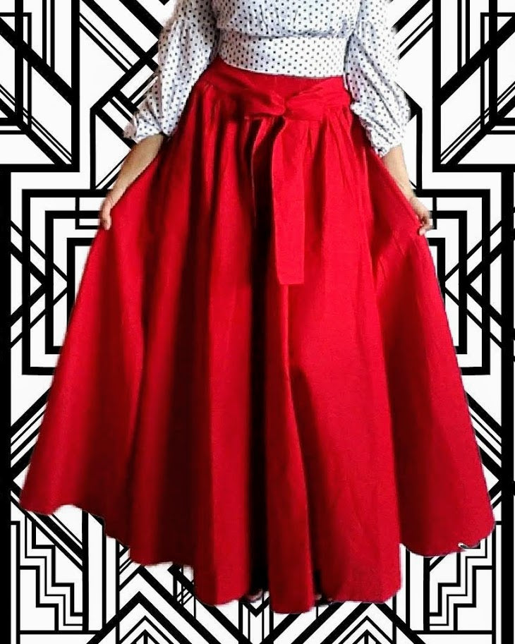 #7001- SOLID LONG MAXI SKIRT- RED