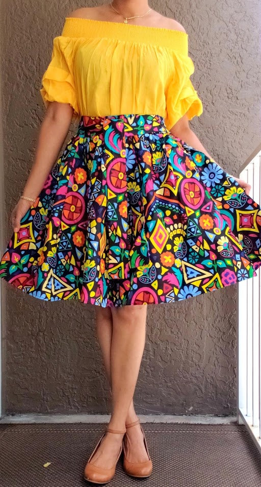 7008-Short Printed Flared Skirt- Multi Color