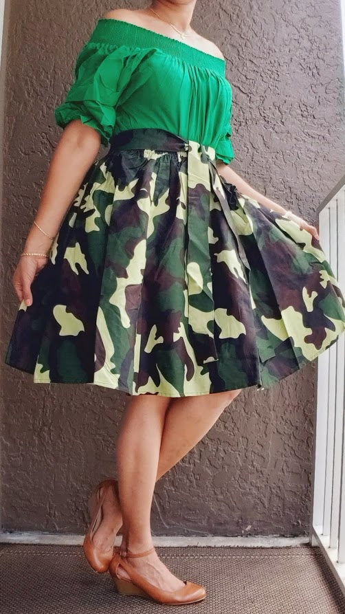 7008 Short Printed Flared Skirt- Green Camouflage