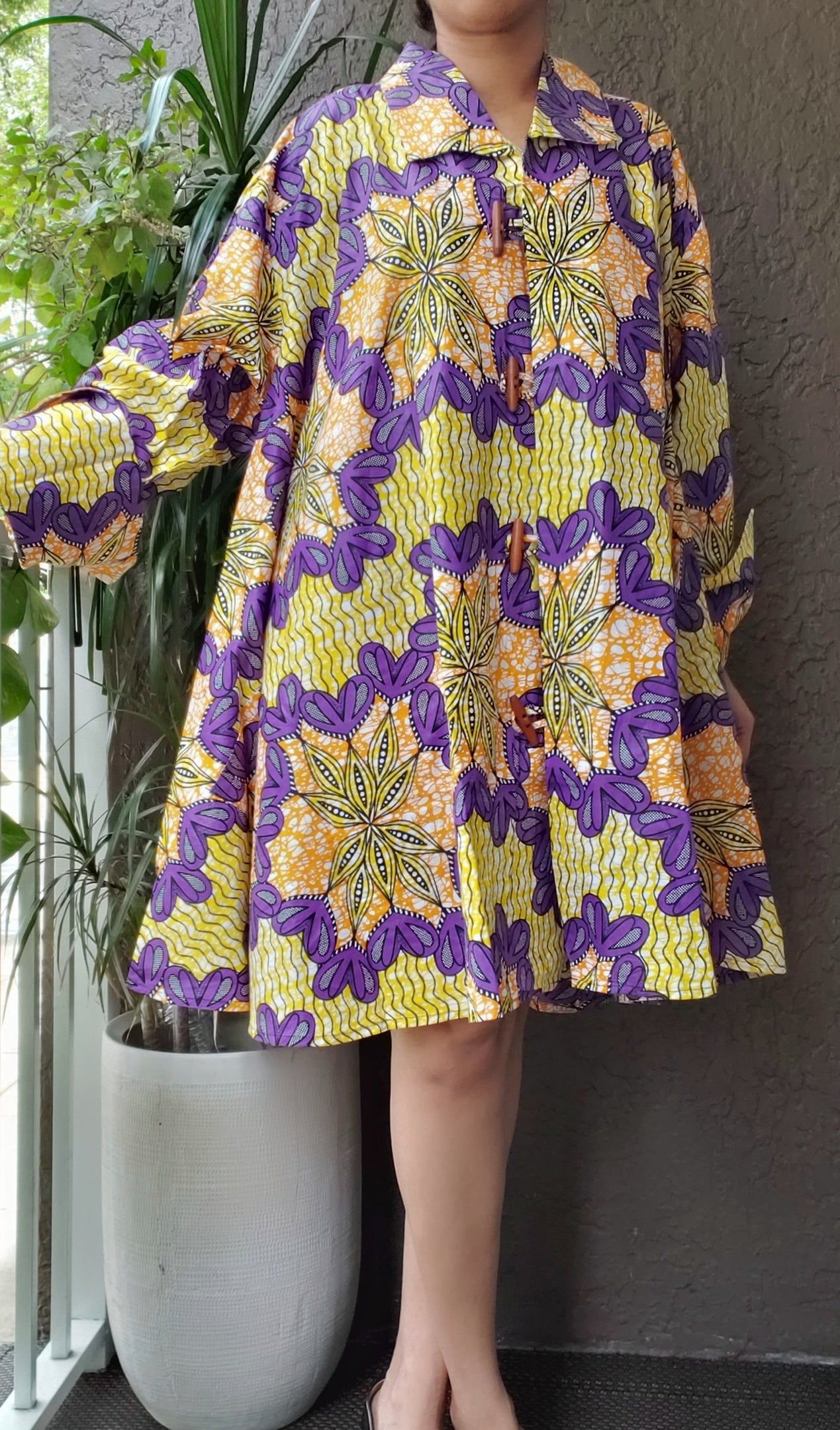 243- Women  Printed Short Coat Dress / Blouse -Purple/Yellow