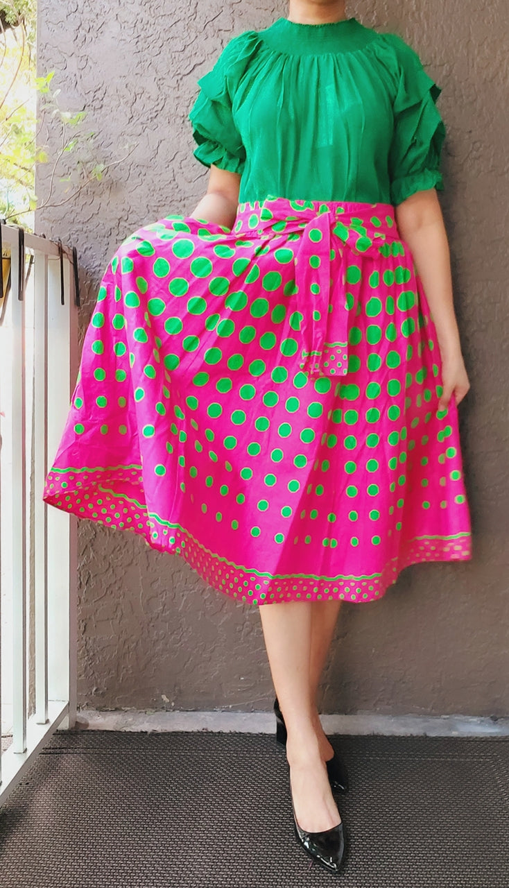 -Woman Mid Length Skirt & Crop Top- Pink/Green Polkadot