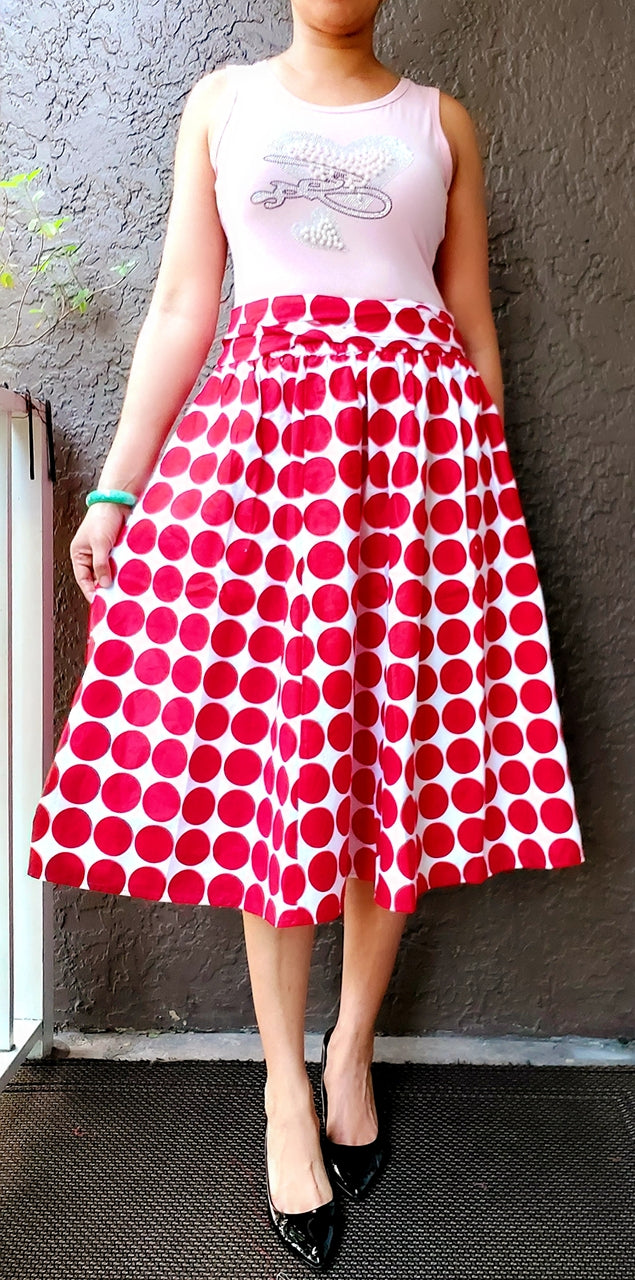 AA530 - Woman Mid Length Skirt - Red/ White Polkadot