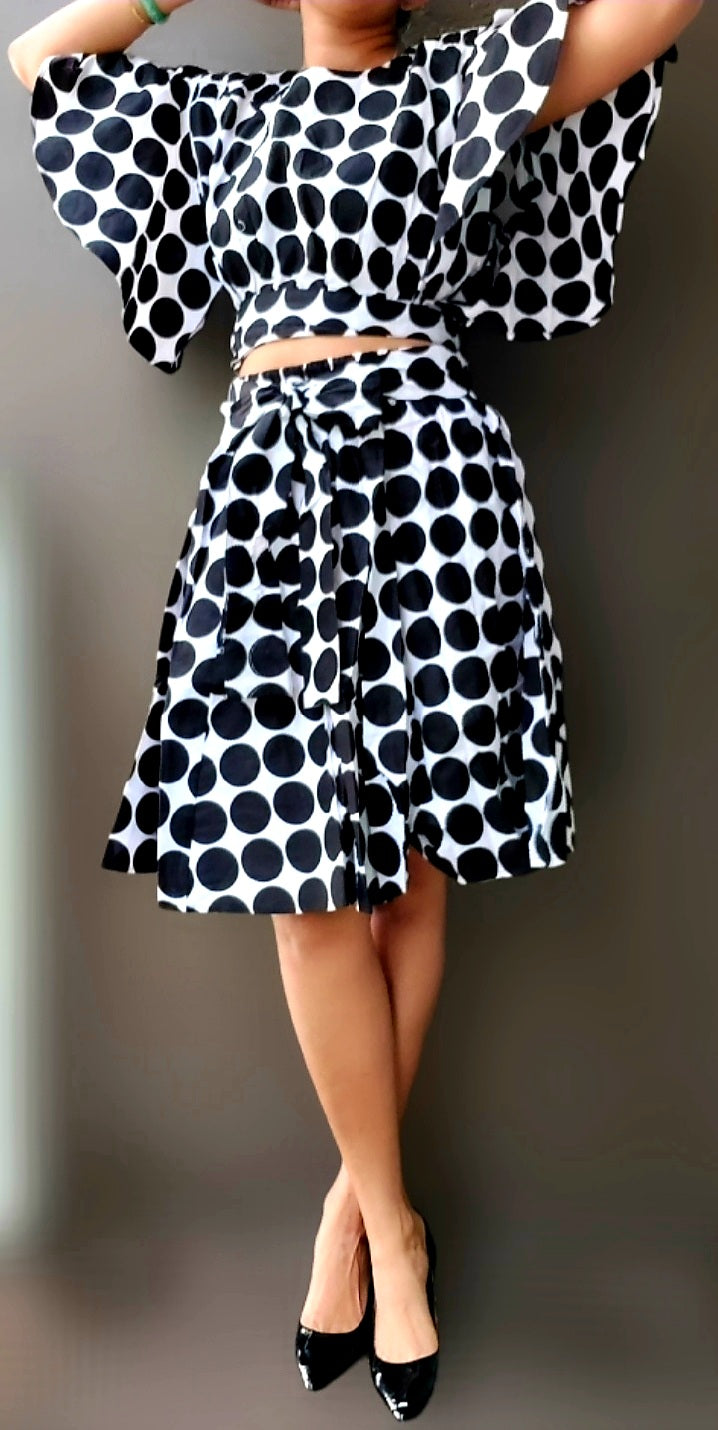 Woman Mini Length Skirt & Crop Top- White/ Black Polkadot