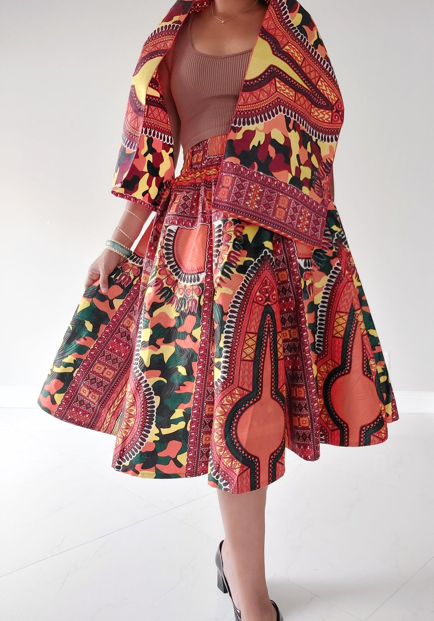 1090 Women Mid Length Dashiki Print Skirt- Orange