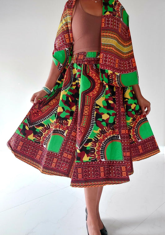1090 Women Mid Length Dashiki Print Skirt- Green