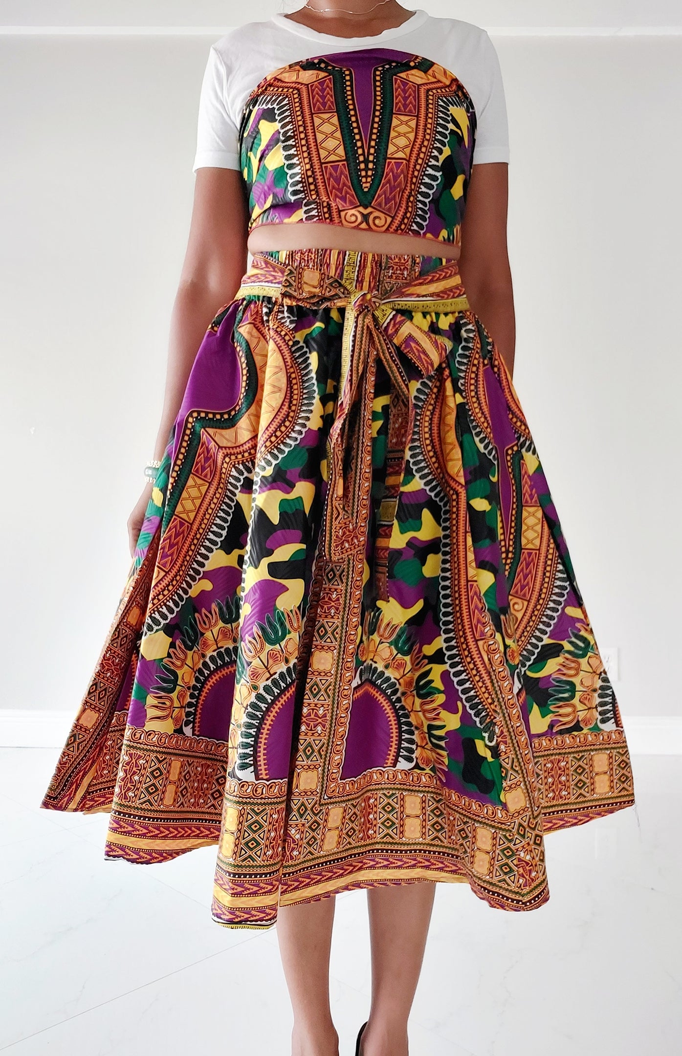 1090 Women Mid Length Dashiki Print Skirt- Purple