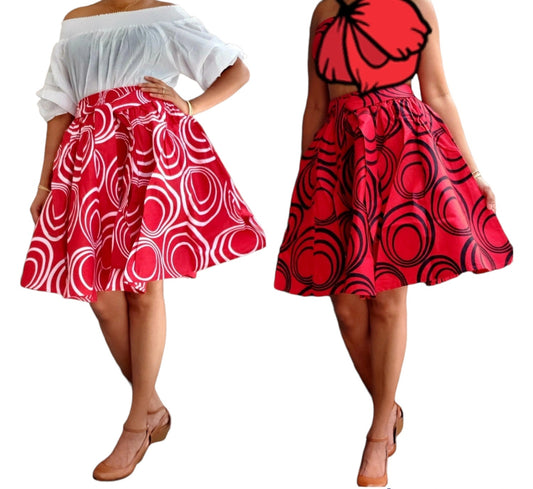 #7008 Short Printed  Skirt- Red/White