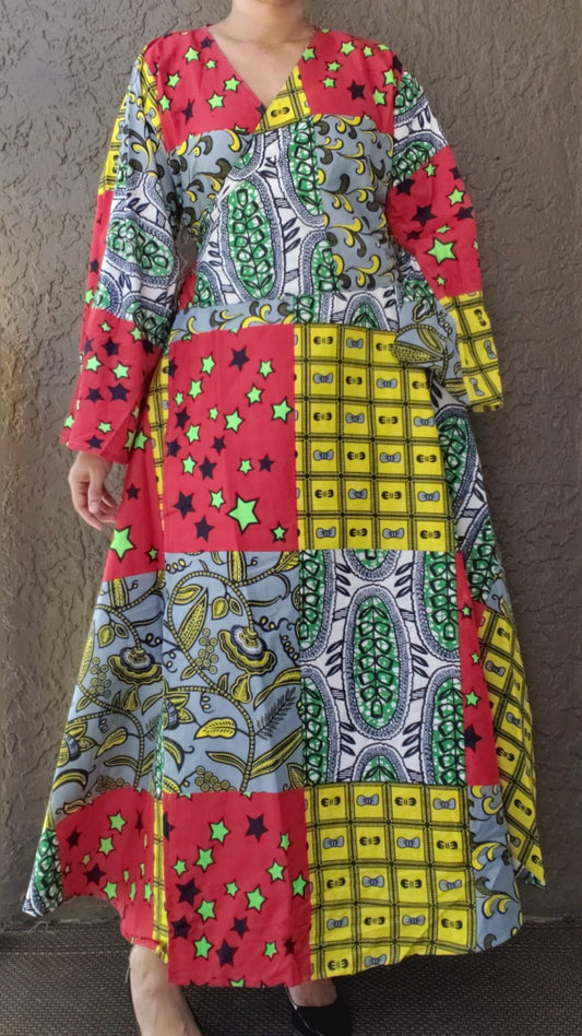 1014 - Long Wrap Dress / Long Bell Sleeves/ African Print-  Multi Color