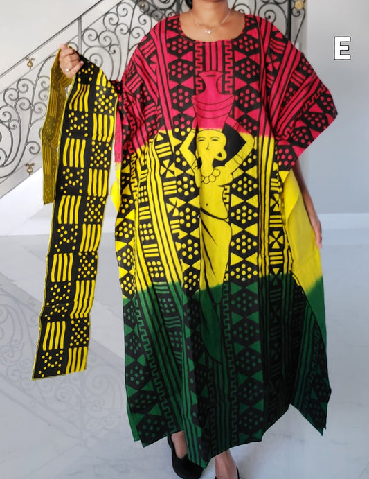 Women African Tribal Print Kaftan Dress - Rasta