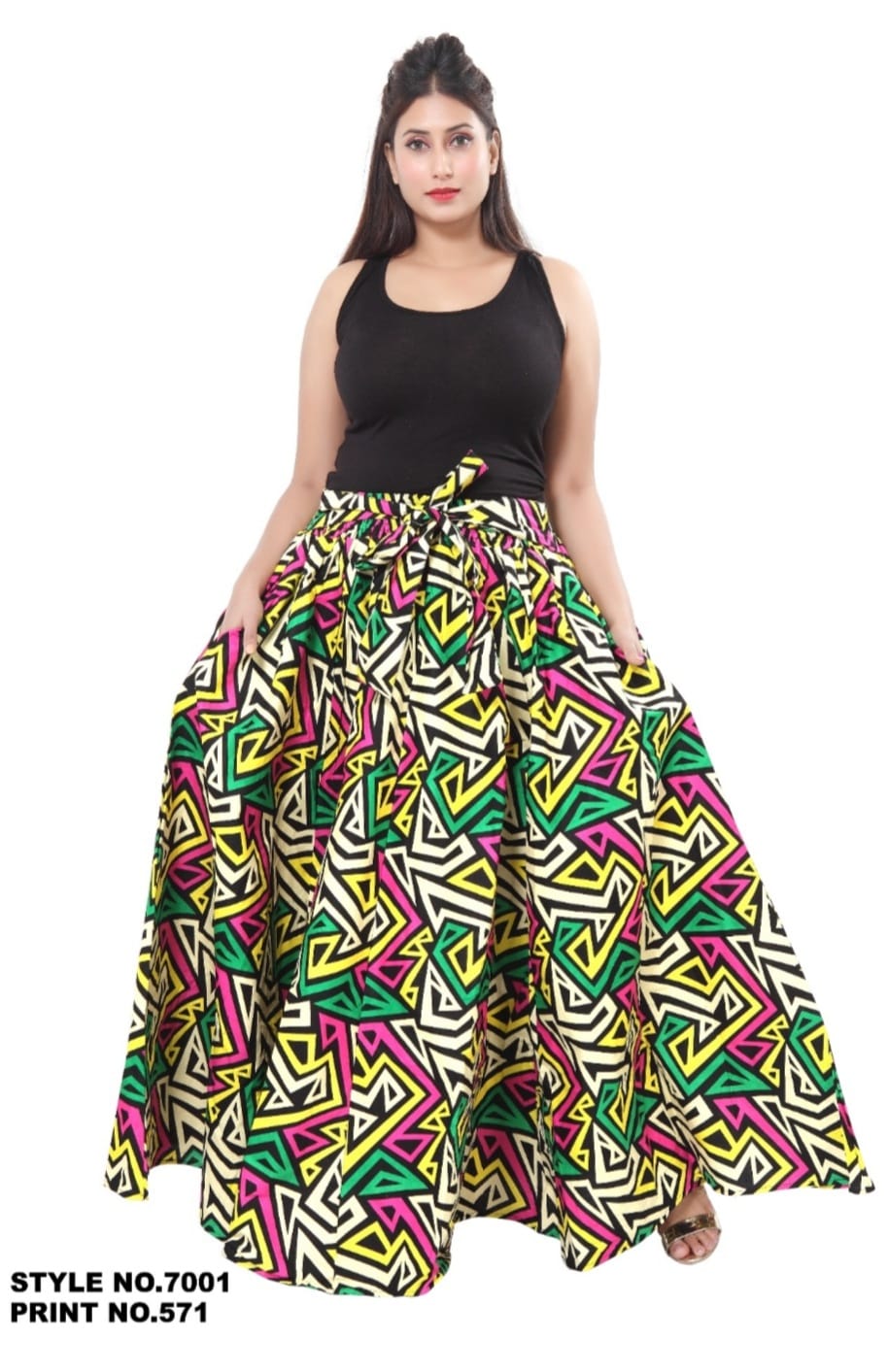 7001 Women Long Printed Maxi Skirt-Pink Multi
