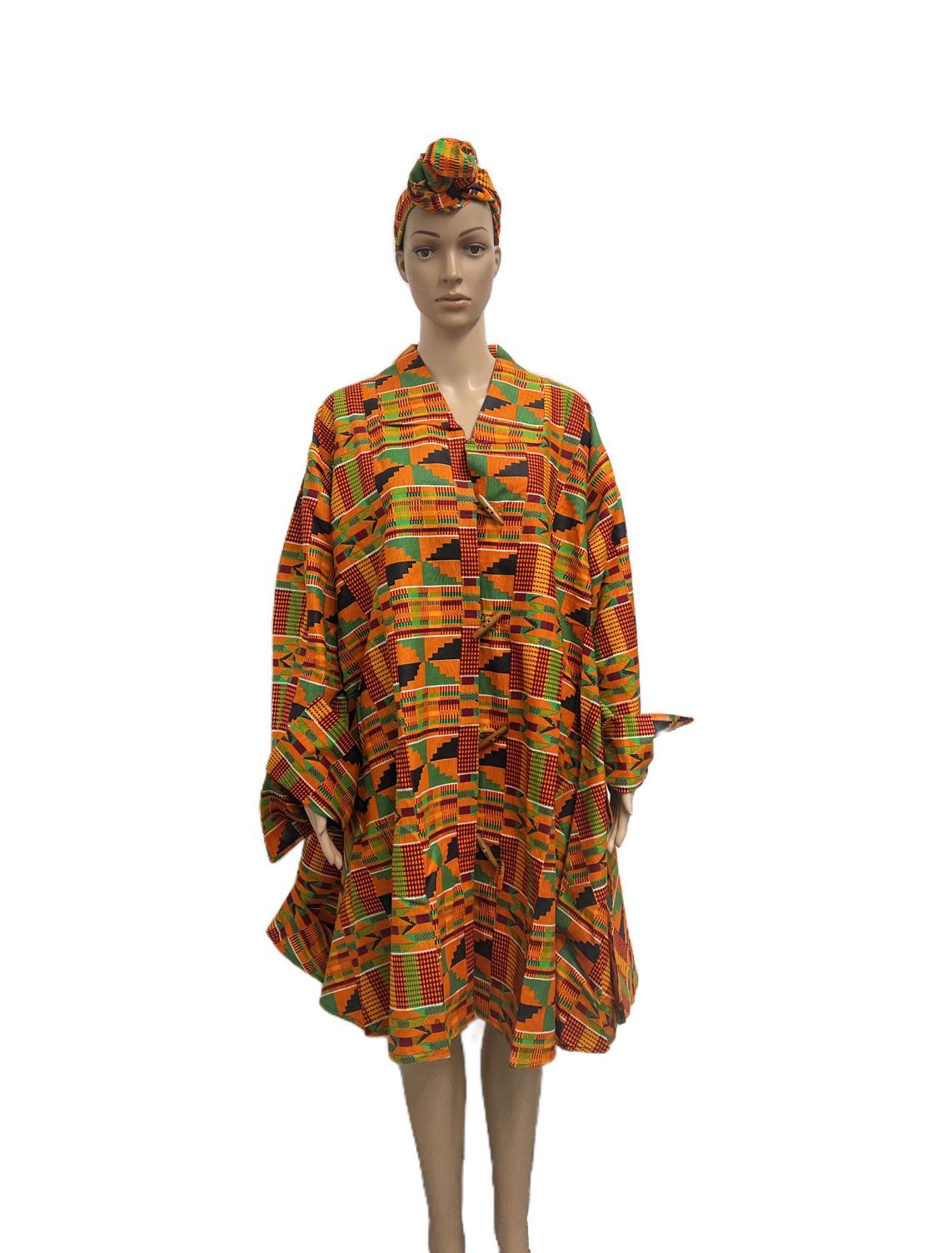 3073 - Women  Printed Short Coat Dress / Blouse/Orange Kente