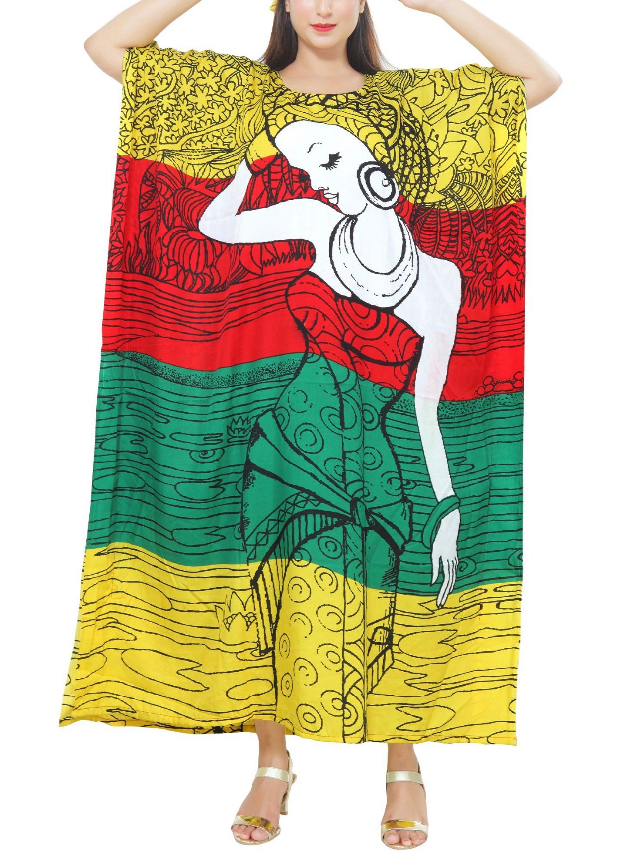 Women Afro Print Kaftan Dress- 1368 Tri Color