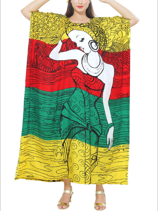 Women Afro Print Kaftan Dress- 1368 Tri Color