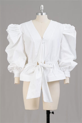 Women Ruched sleeves Bow Blouse - White