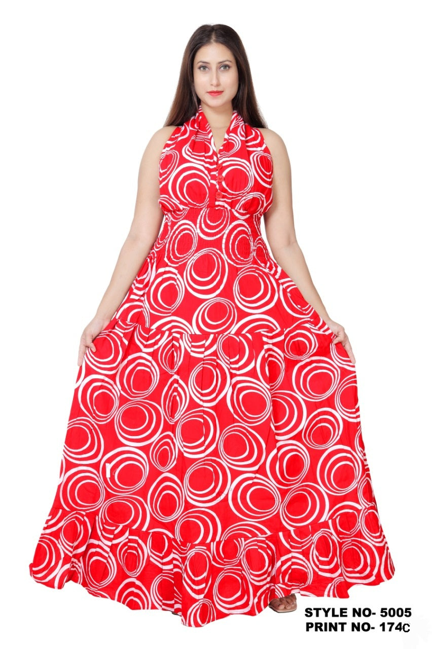 Long Smocked Halter Dress- Red/White 5005