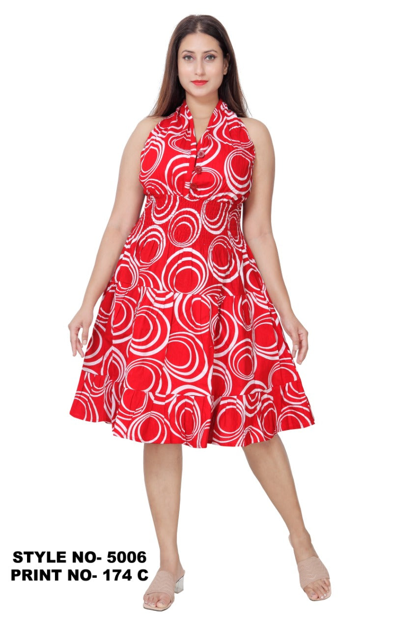 Halter Dress Mid Length Red/White 5006