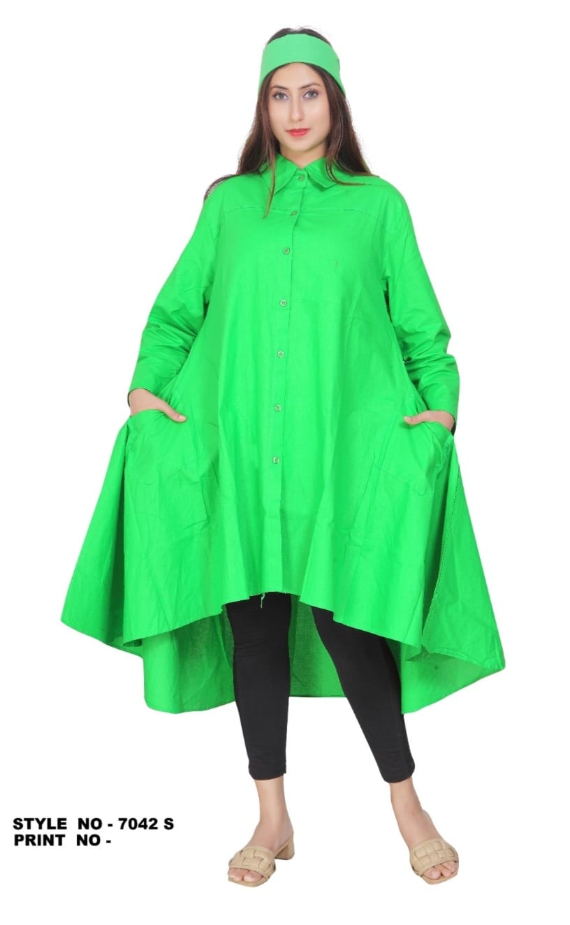 7042 Solid High/Low Button Down Shirt Dress- Green