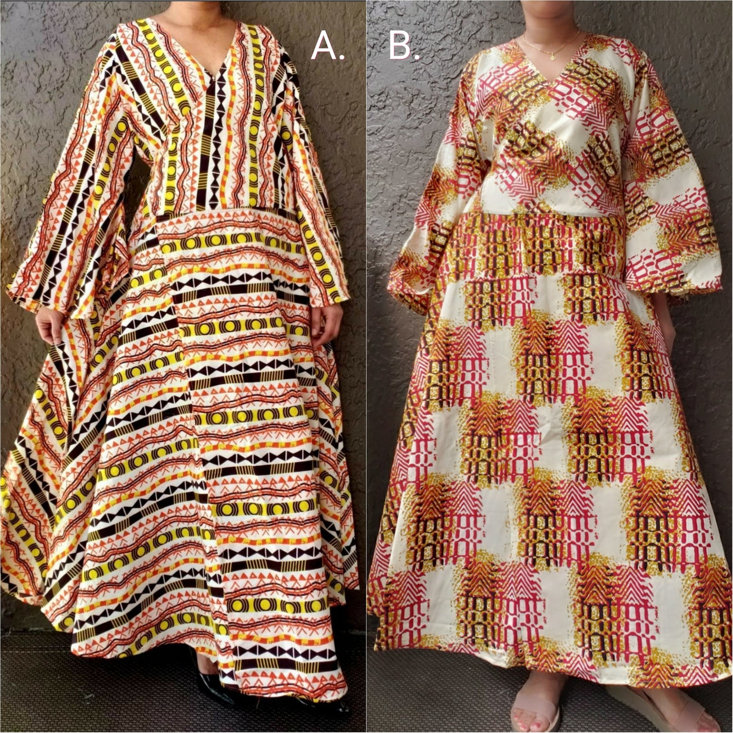 1014 - Long Wrap Dress / Long Bell Sleeves/ African Print-  Orange/Cream