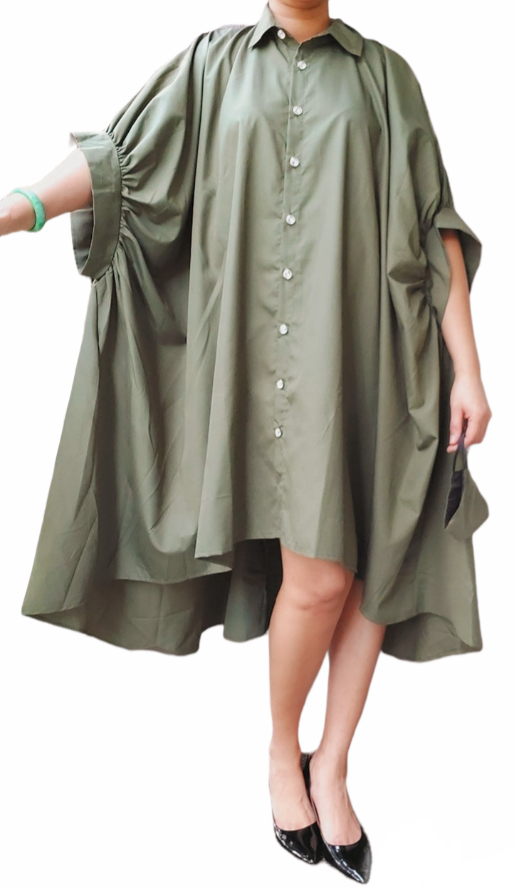 605 - Button Down High-Lo Shirt/Dress- Army Green