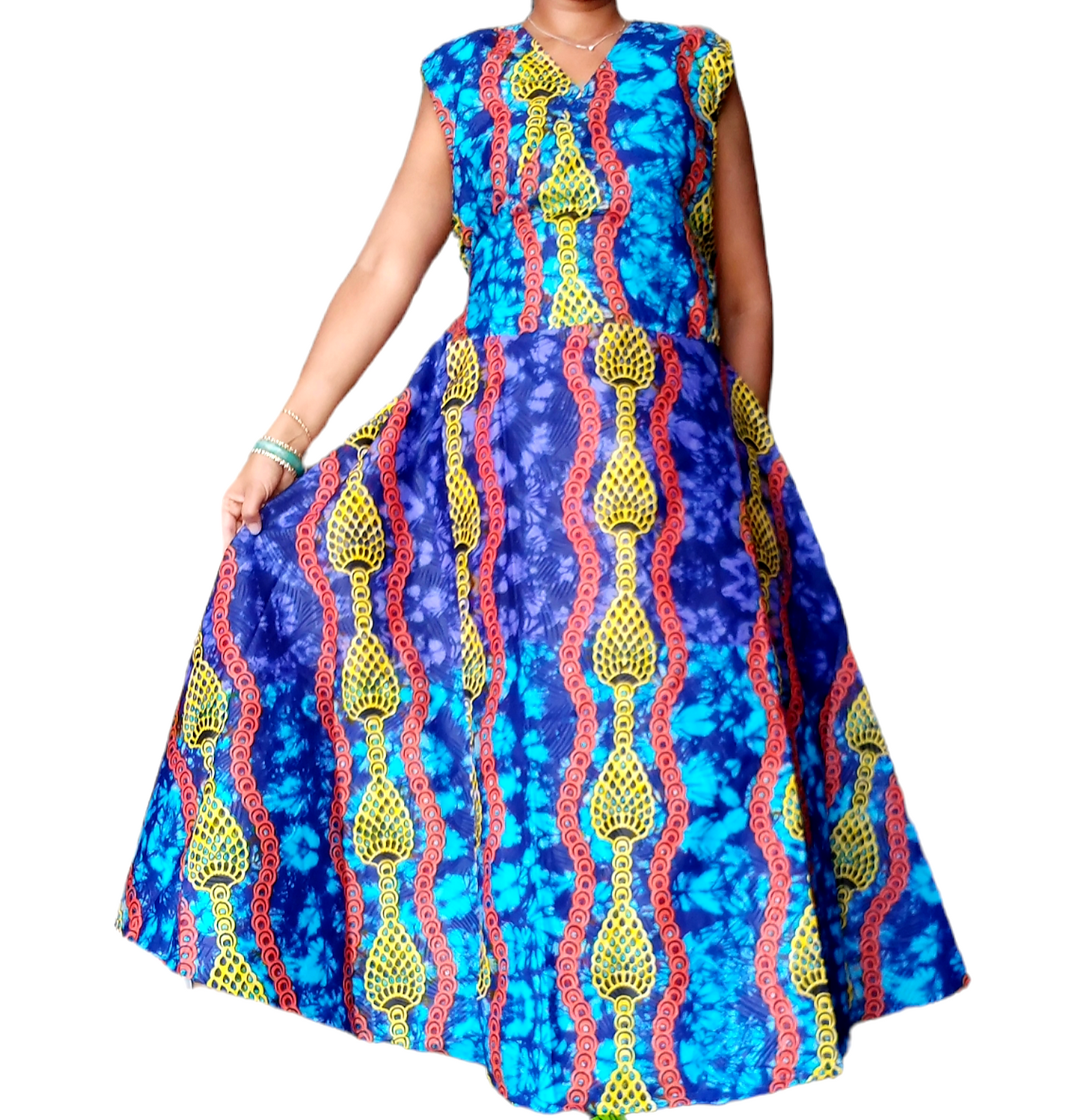 1045- Women Long Printed  Sleeveless Wrap Dress-Blue Multi