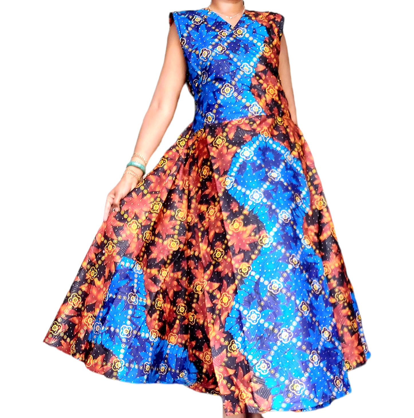 1045- Women Long Printed  Sleeveless Wrap Dress-Blue/Brown