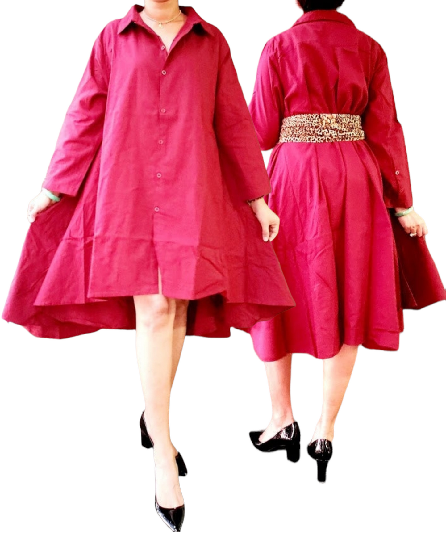#7042 Women  Button Down Shirt/ Dress - Burgundy
