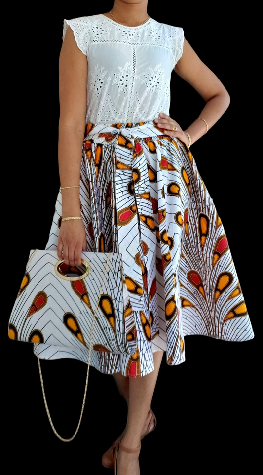 7012- Women Mid  Length Flared Skirt-White Peacock