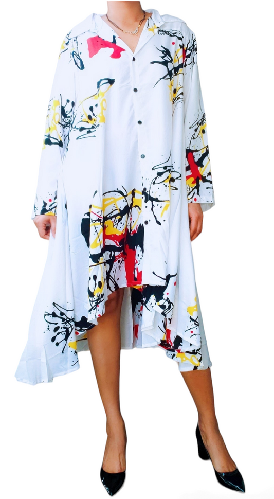 Swing Dress/ Printed Hi/Lo Shirt Dress /White-20666