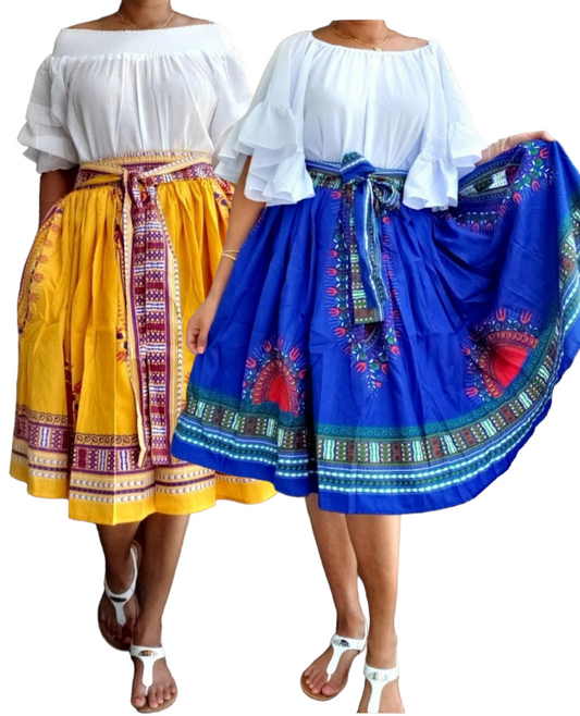 AA19-521- Women Mid Length Flared Skirt- Traditional Dashiki Print
