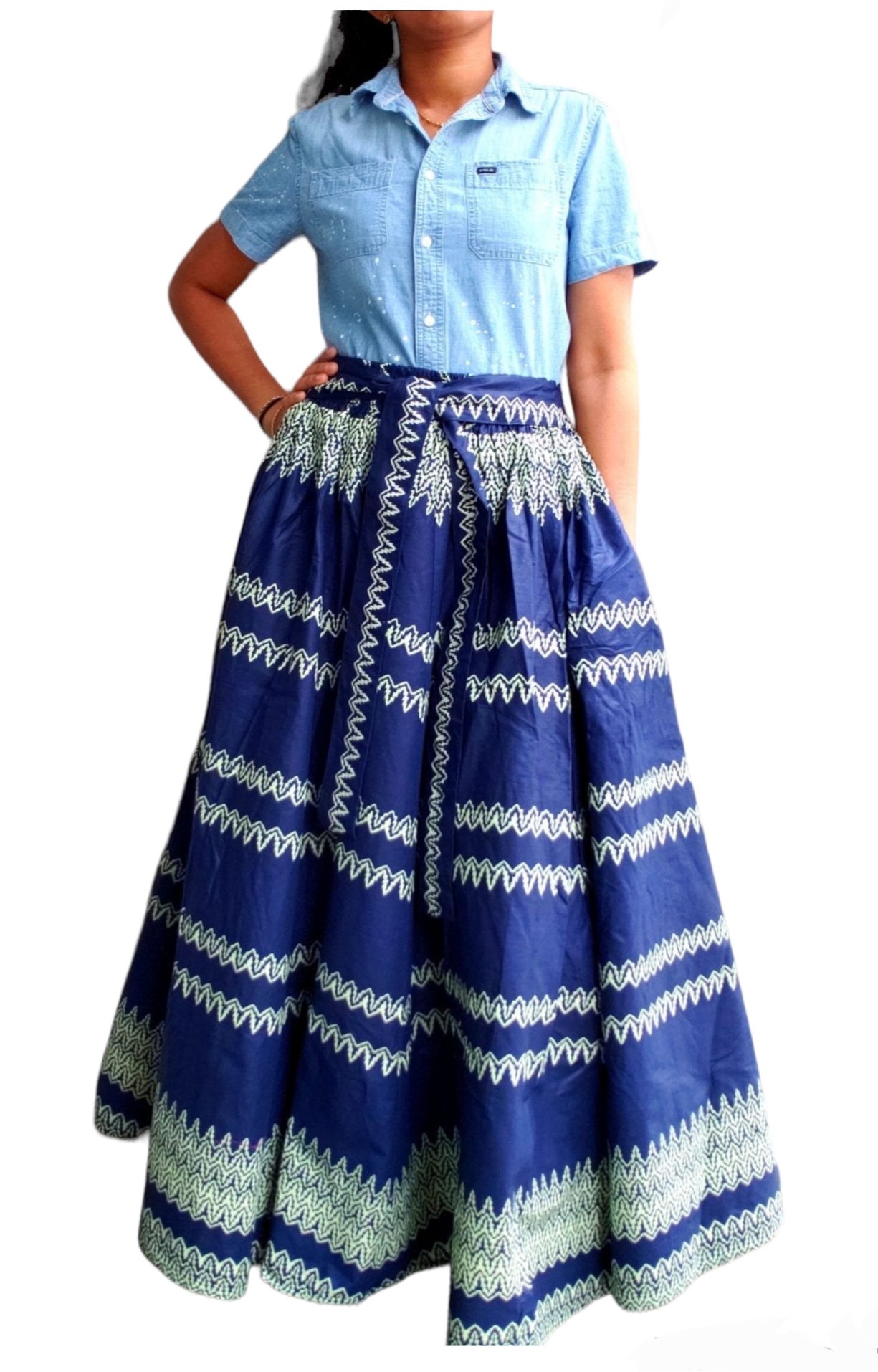 7001 Woman Long  Maxi Skirt- Navy Blue/ Cream Print