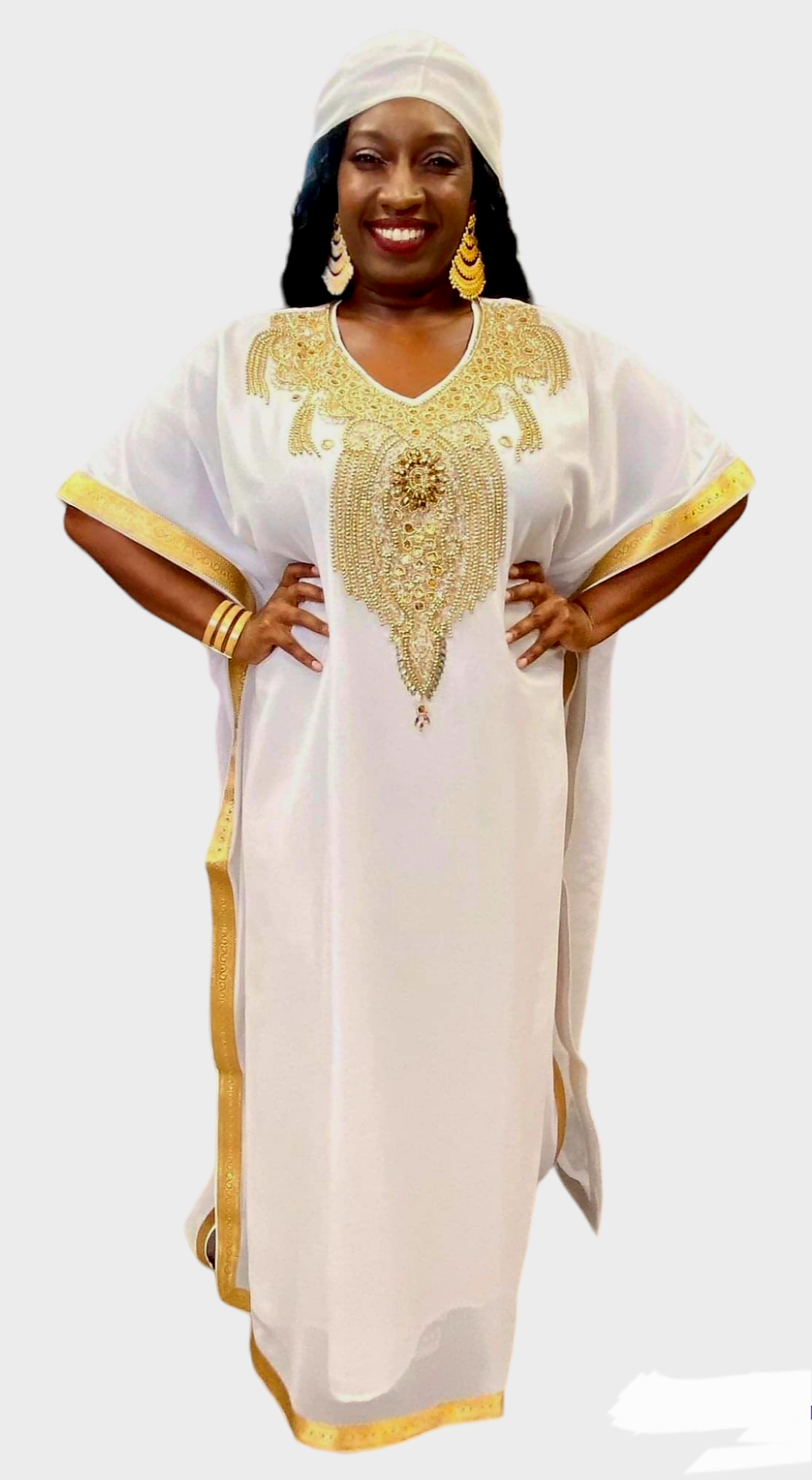 Beaded kaftan Dress With Gold Border - white