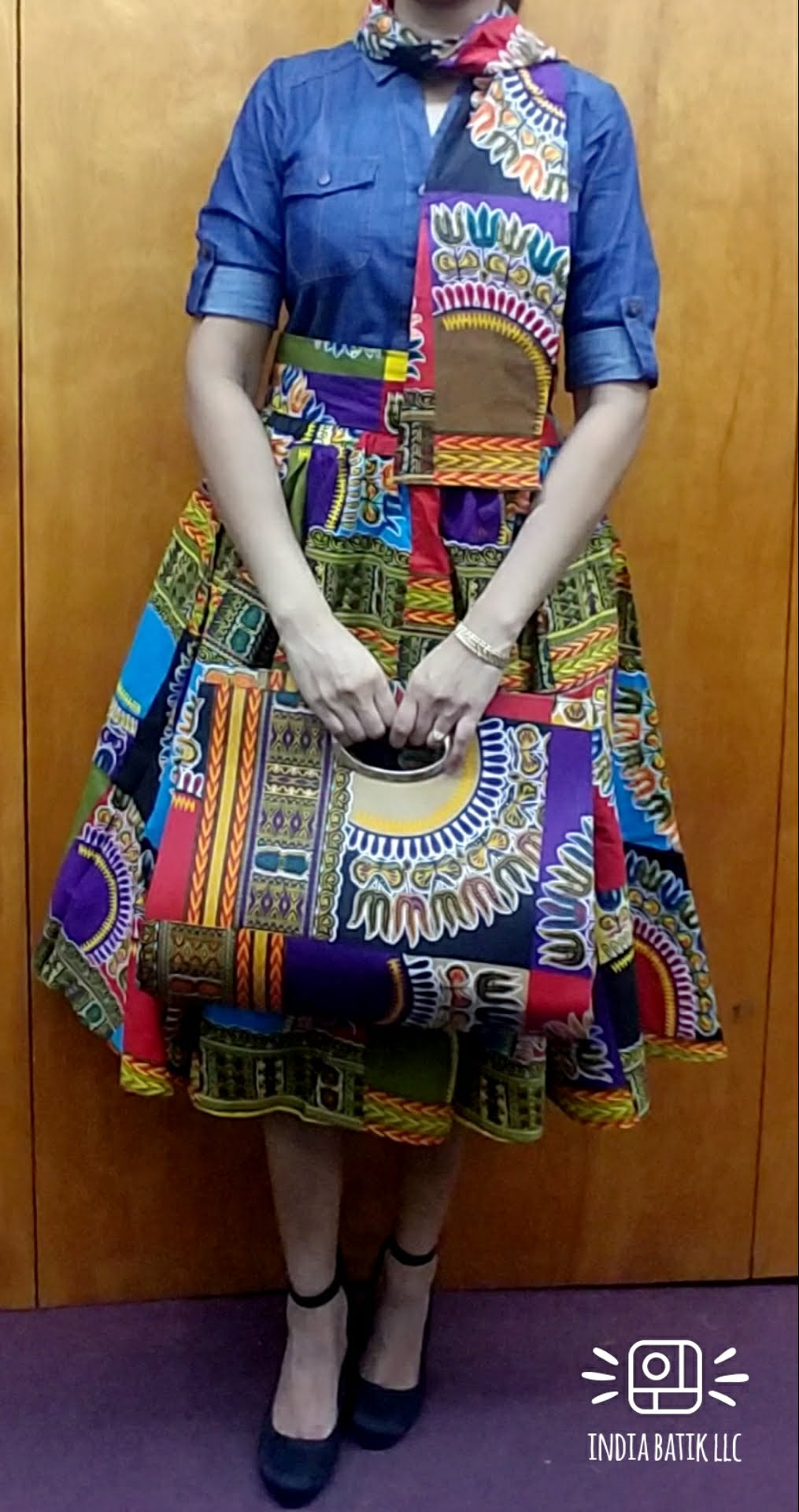 36- African Print Mid Length Flared Skirt- Dashiki Patch