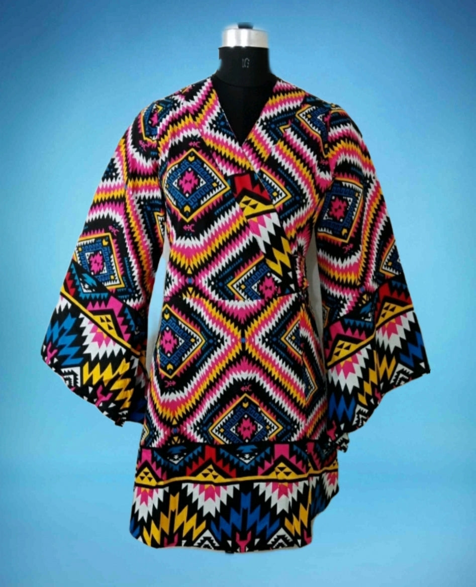 Women  Printed Wrap Blouse/Long Bell Sleeves- Multi Color