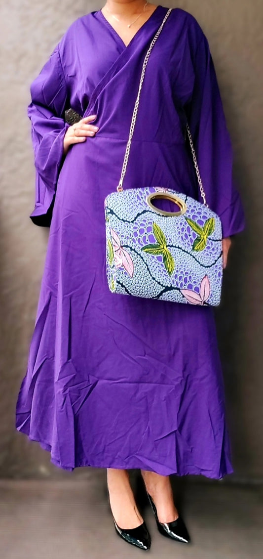 Long Wrap Dress / Long Bell Sleeves/ Solid- Purple