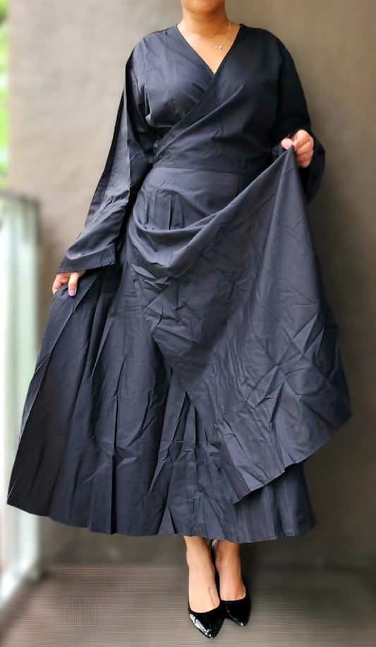 Long Wrap Dress / Long Bell Sleeves/ Solid- Black