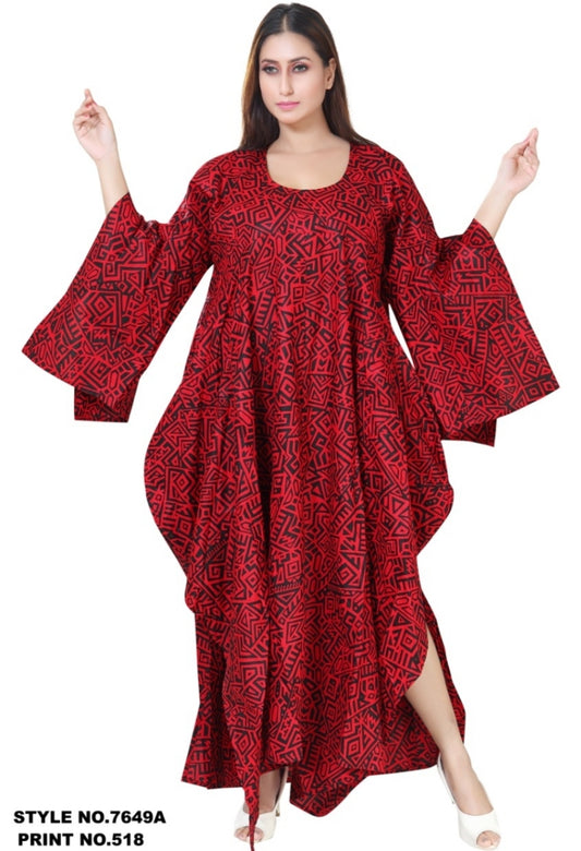 Split Sleeve Printed Red Dress
-7649A