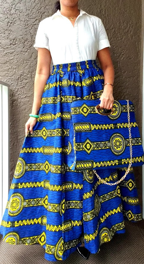 Women Long Skirt & Pocketbook Set-Royal Blue/ Yellow